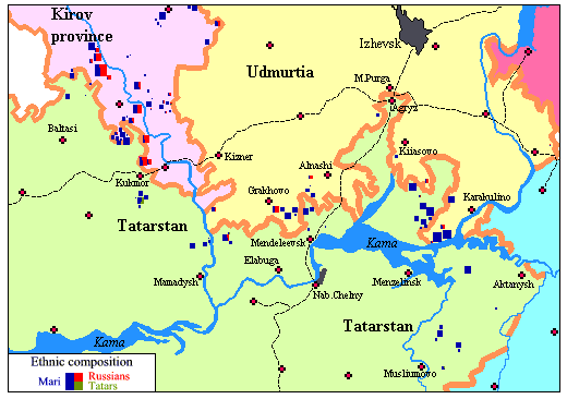 Rural settlements with a Mari component of at least 20 per cent of the population, by size and ethnic composition: Udmurtia, north-eastern Tatarstan, and the Lower Viatka basin in Kirov province, 1989